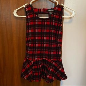 Sirens Red & Black Plaid Open Back Peplum Top